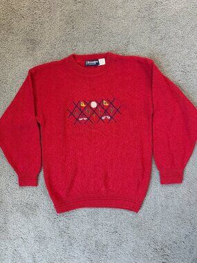 VTG 90s Scottish Isle by Bernette Red Cotton Embroidered Golf Sweater L - USA